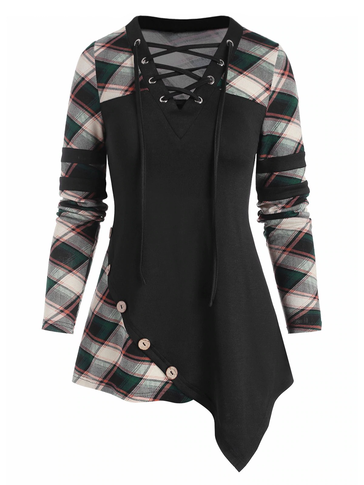 Plaid Print Lace-up Asymmetrical T-shirt